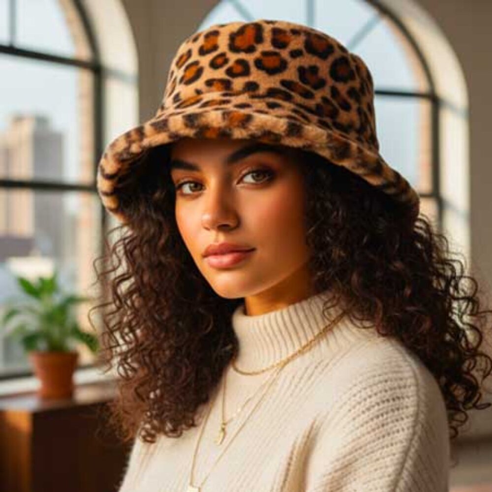 Ladies Fuzzy Leopard Print Bucket Hat - Picture 4 of 11
